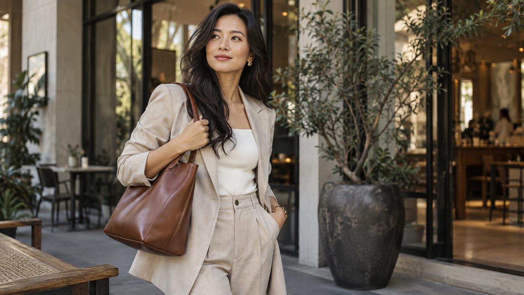 Tas kulit cokelat RQ Leather di meja perjalanan dengan cahaya hangat.